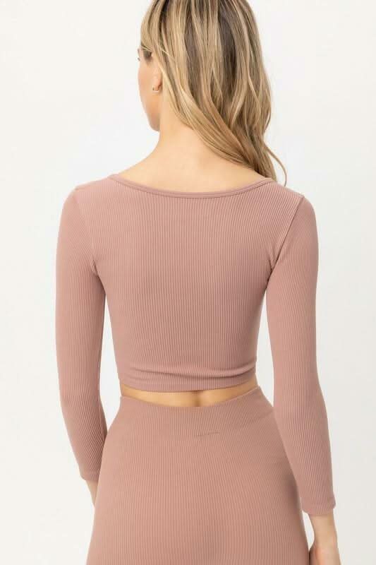 Get Set Mauve Ribbed Three-Quarter Sleeve Crop Top