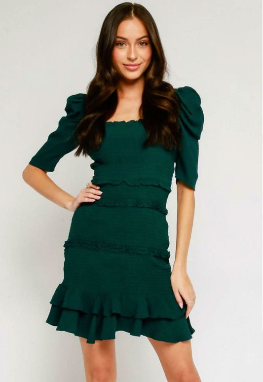Naomi Green Smocked Puff Sleeve Mini Dress
