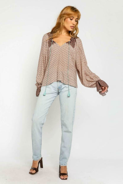 Dulce Rust Print Balloon Sleeve Top