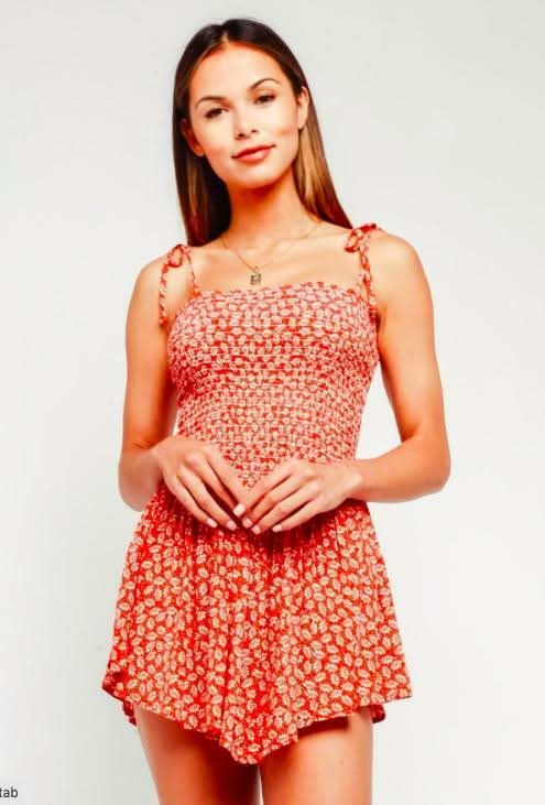 Monika Orange Leaf Print Smocked Romper