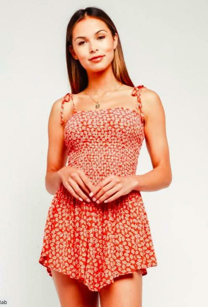 Monika Orange Leaf Print Smocked Romper