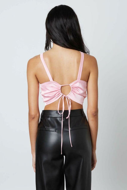 Not So Basic Pink Satin Keyhole Cropped Halter Top