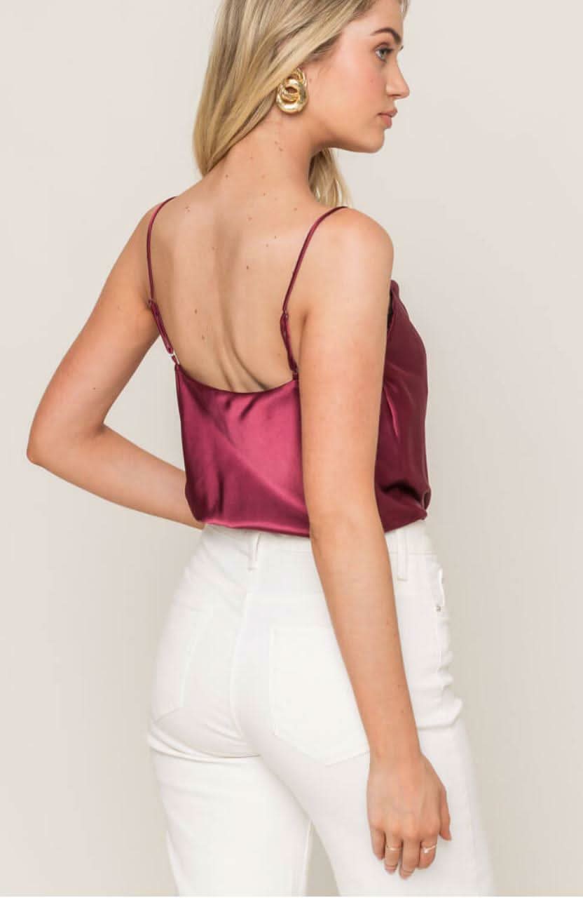 Do Better Wine Lace Satin Sleeveless Bodysuit