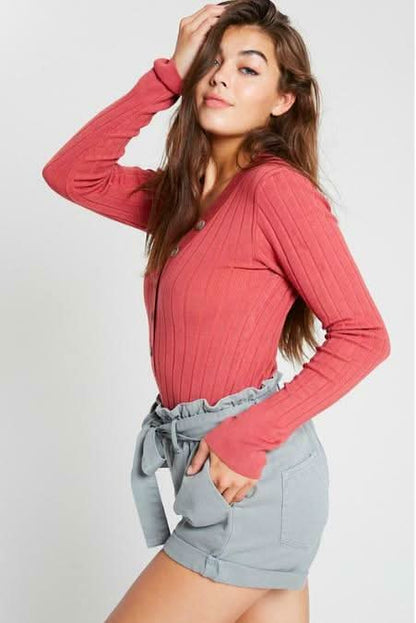 Gina Brick Red Knit Button-Up Long Sleeve Sweater Top