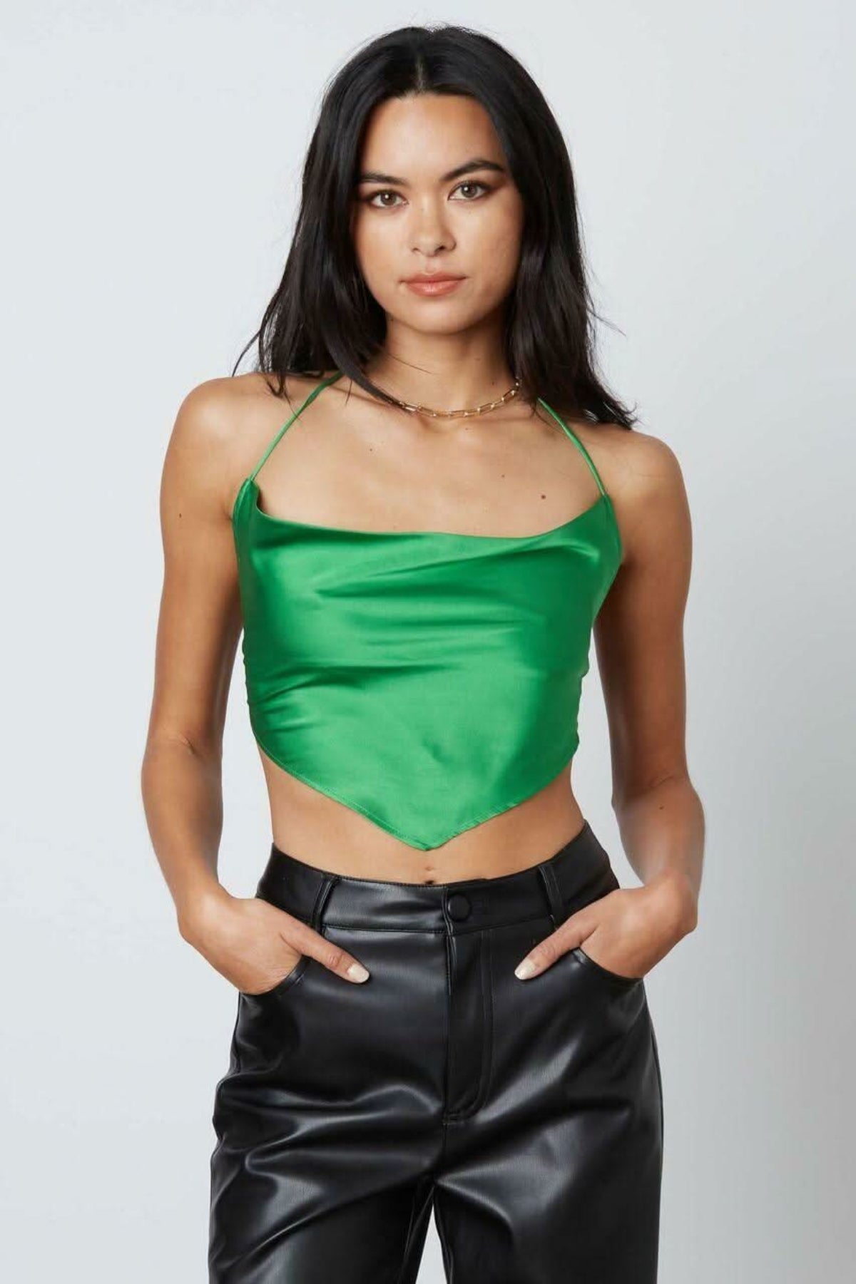 Not So Basic Kelly Green Satin Cowl Neck Halter Crop Top