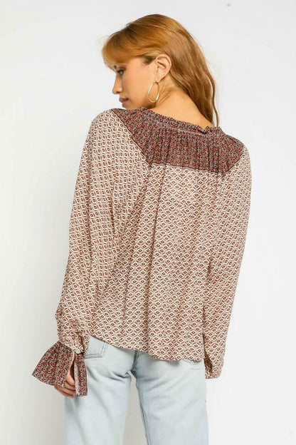Dulce Rust Print Balloon Sleeve Top