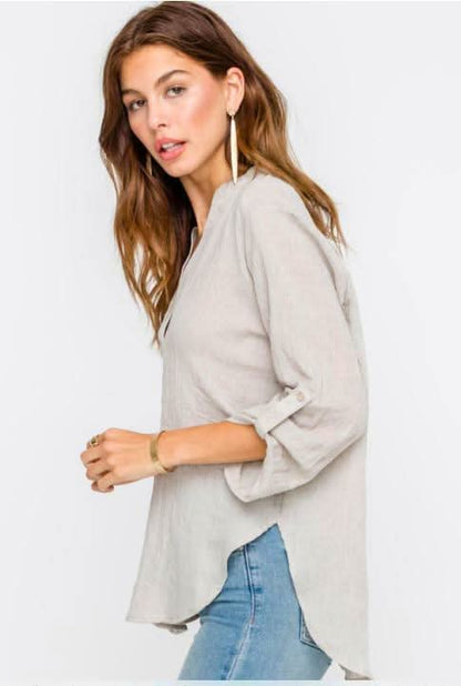 Just In Time Taupe Roll Tab Sleeve Top