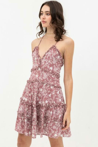 Gina Mauve and White Floral Ruffle Mini Dress