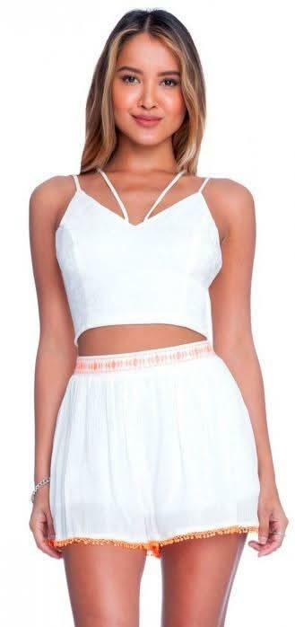 Lush Cream & Neon Orange Pom Pom Trim Shorts