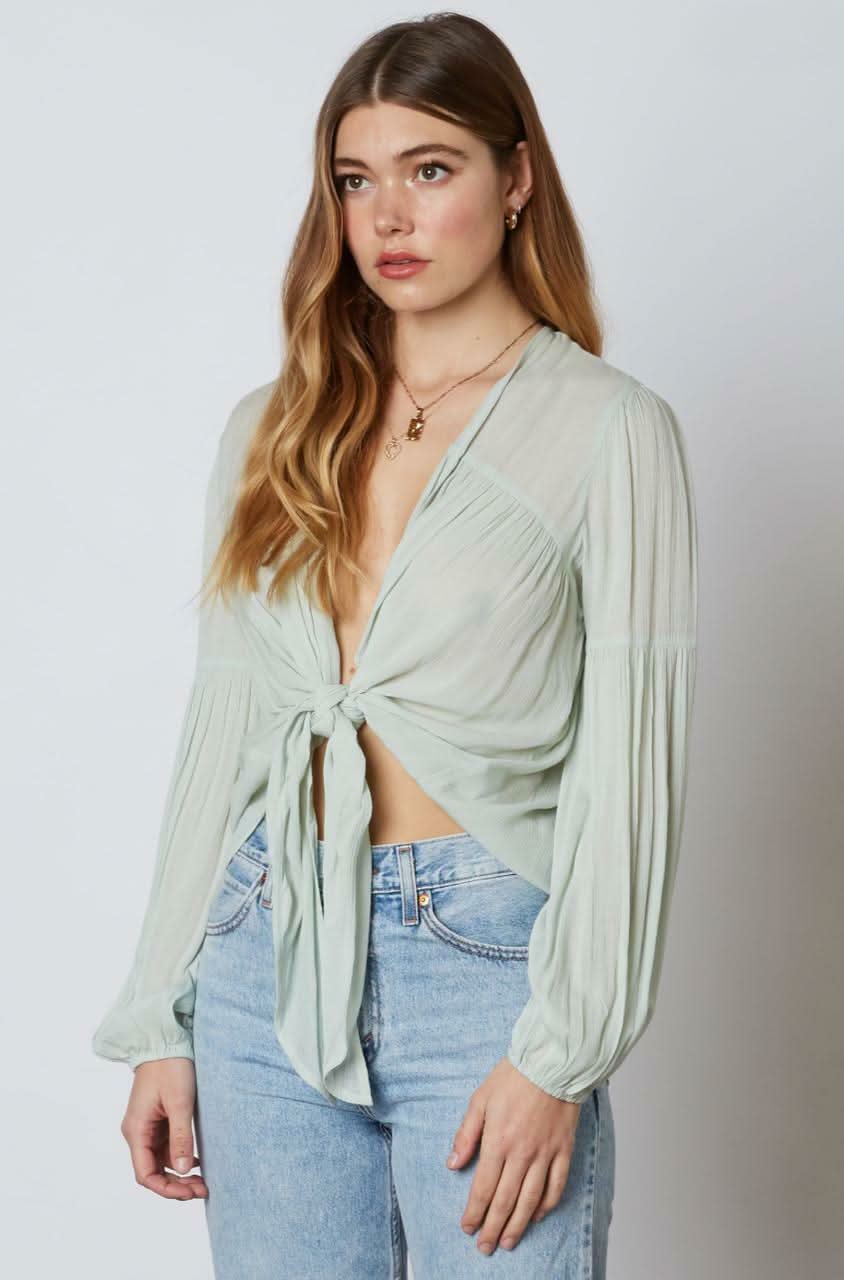 Gia Sage Long Sleeve Tie-Front Crop Top