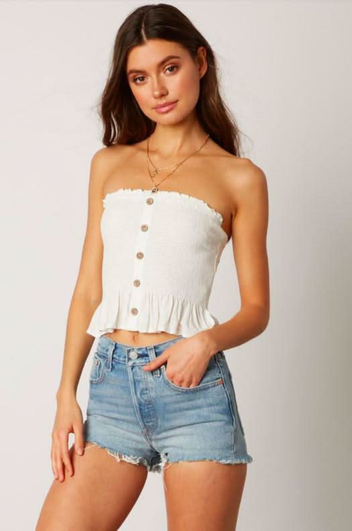 Jenna White Button-Down Strapless Smocked Top