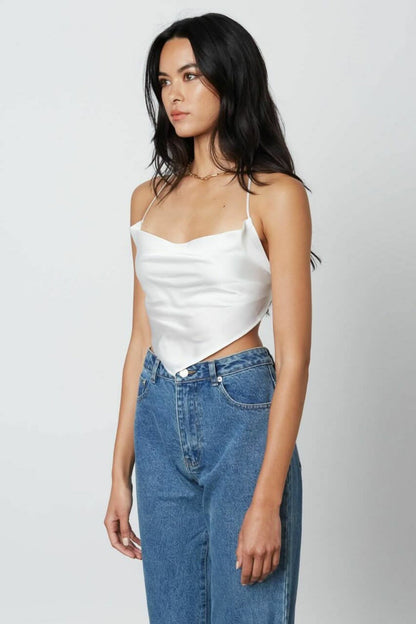 Not So Basic White Satin Cowl Neck Halter Crop Top