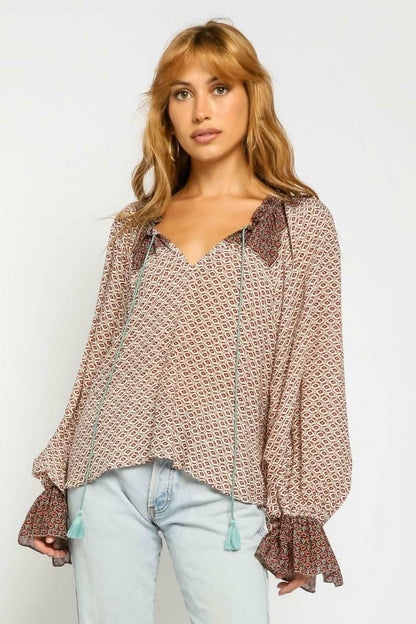 Dulce Rust Print Balloon Sleeve Top