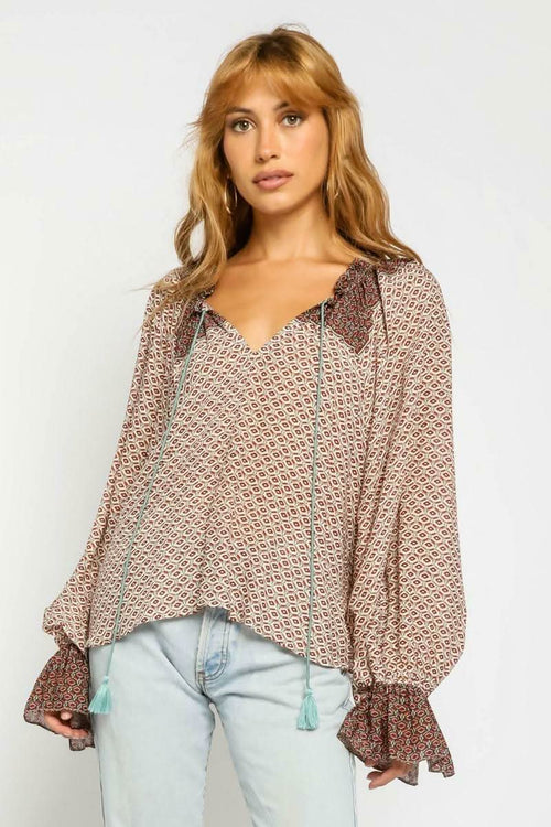 Dulce Rust Print Balloon Sleeve Top