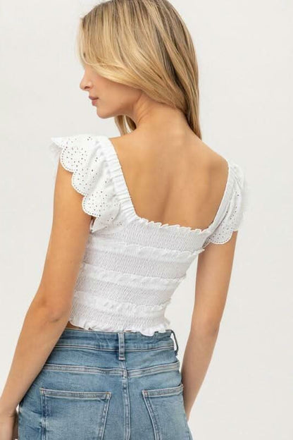 Monika White Smocked Ruffle Crop Top