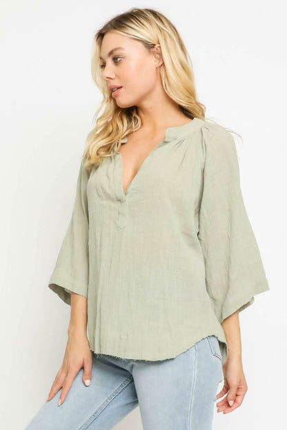 Fiona Sage Green Three-Quarter-Sleeve Top