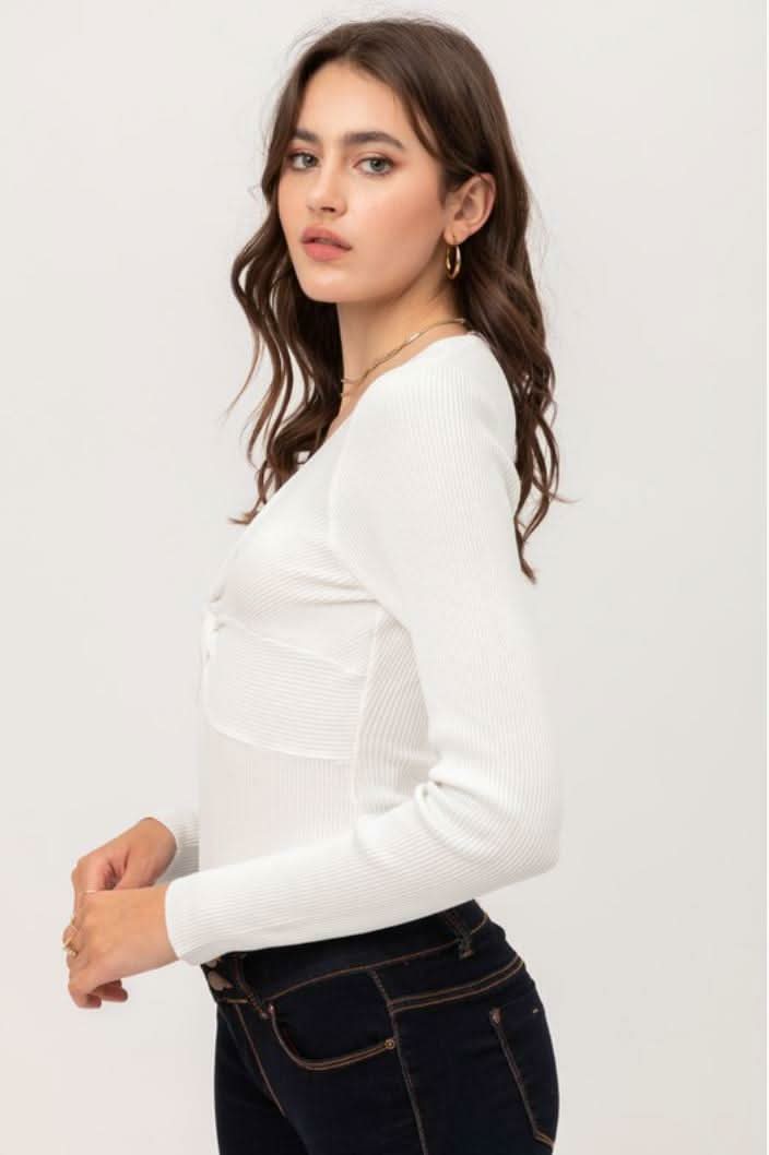 Kelli White Ribbed Long Sleeve Bodysuit