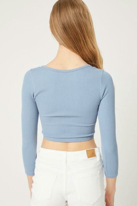 Get Set Blue Ribbed Three-Quarter Sleeve Crop Top