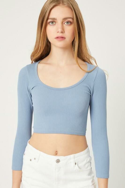 Get Set Blue Ribbed Three-Quarter Sleeve Crop Top