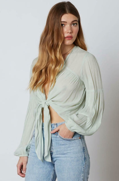Gia Sage Long Sleeve Tie-Front Crop Top