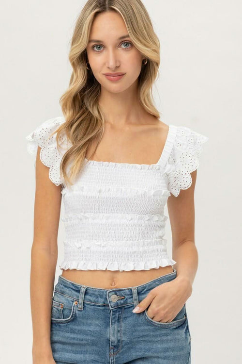 Monika White Smocked Ruffle Crop Top