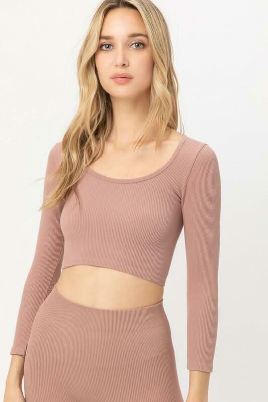 Get Set Mauve Ribbed Three-Quarter Sleeve Crop Top
