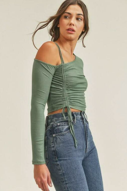 Lush Angie Olive One-Shoulder Ruched Crop Top