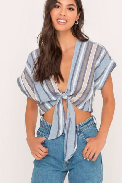 Electra Denim Stripe Print Tie-Front Crop Top