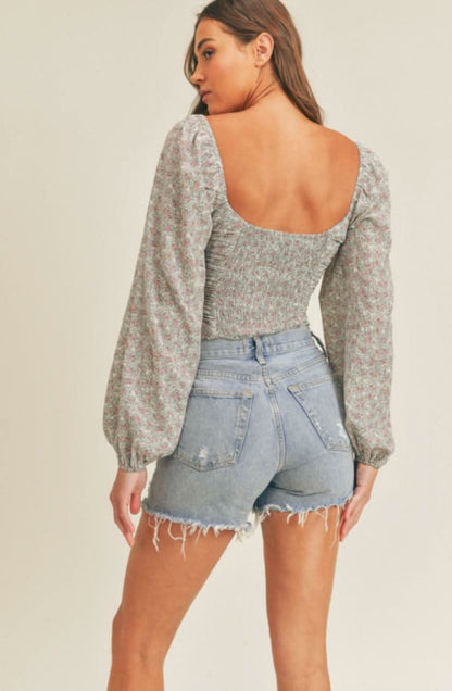 Lush Sweet Blooms Dusty Blue Floral Print Long Sleeve Crop Top