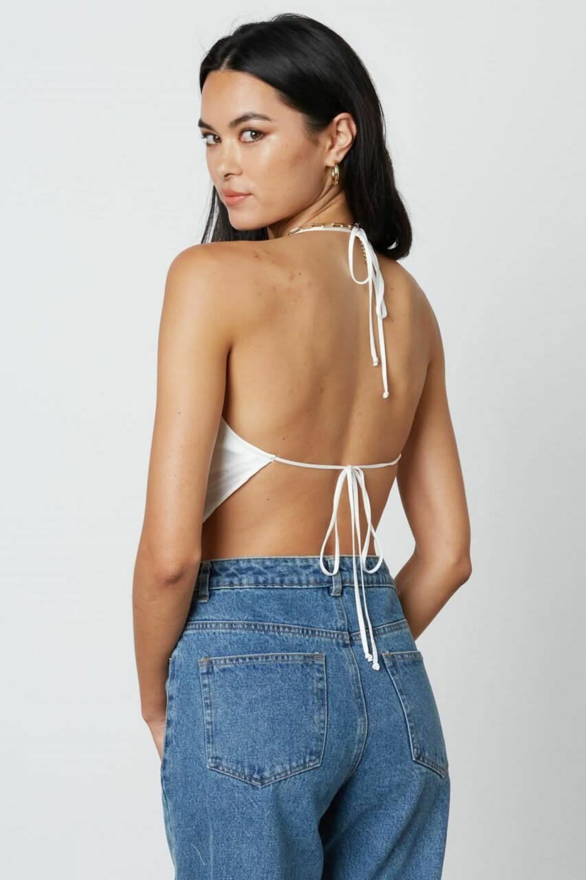 Not So Basic White Satin Cowl Neck Halter Crop Top