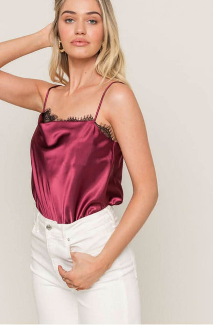 Do Better Wine Lace Satin Sleeveless Bodysuit
