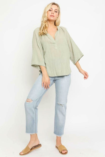 Fiona Sage Green Three-Quarter-Sleeve Top