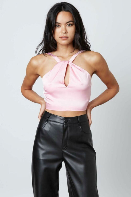 Not So Basic Pink Satin Keyhole Cropped Halter Top