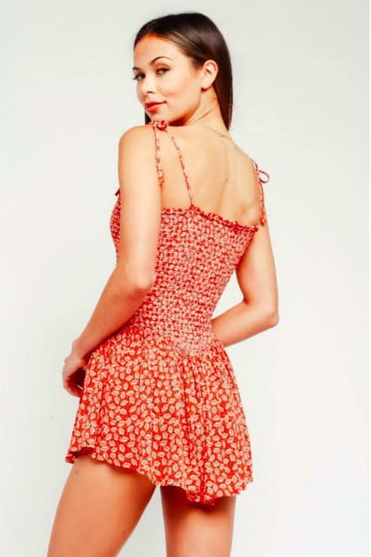 Monika Orange Leaf Print Smocked Romper