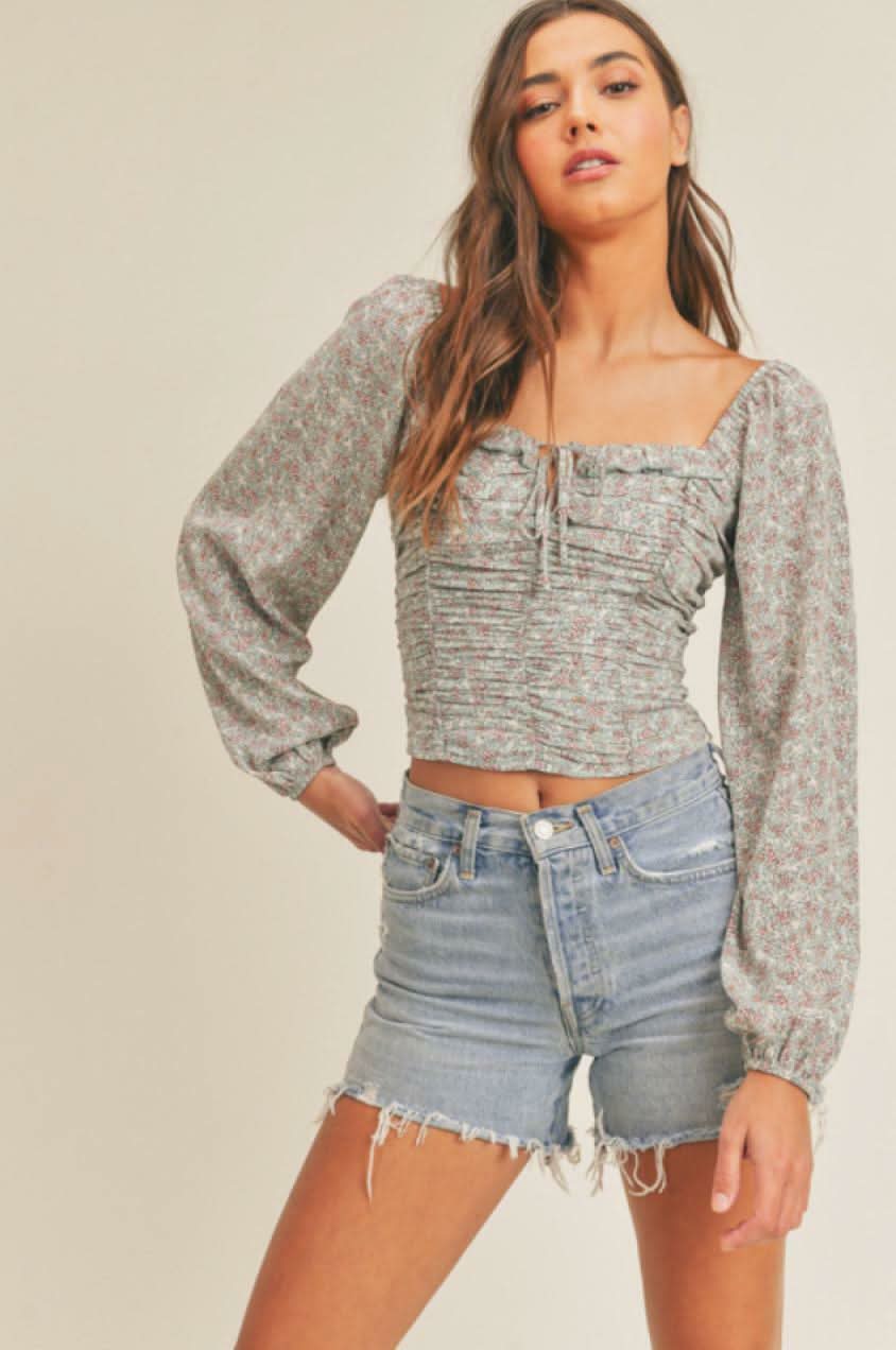 Lush Sweet Blooms Dusty Blue Floral Print Long Sleeve Crop Top