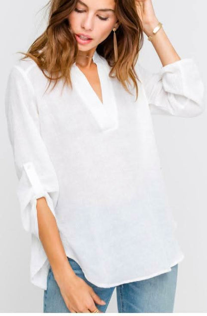 Just In Time White Roll Tab Sleeve Top