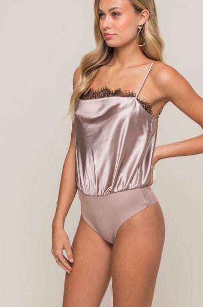 Do Better Dark Taupe Lace Satin Sleeveless Bodysuit