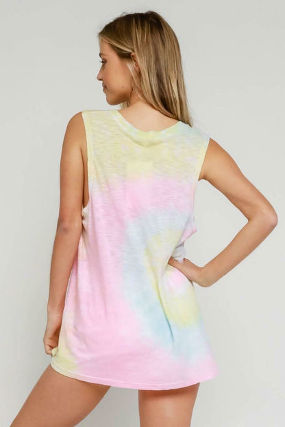 Groovy Vibes Pink and Blue Tie-Dye V-Neck Tank Top