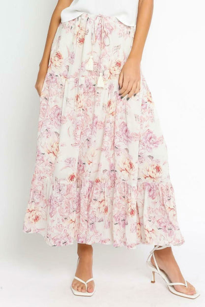 Daphne Ivory Floral Print Ruffle Midi Skirt