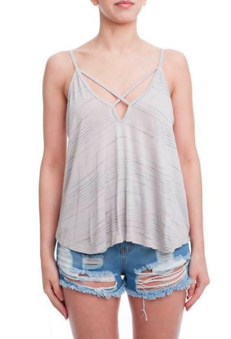 Fond Of You Taupe Striped Criss-Cross Tank Top