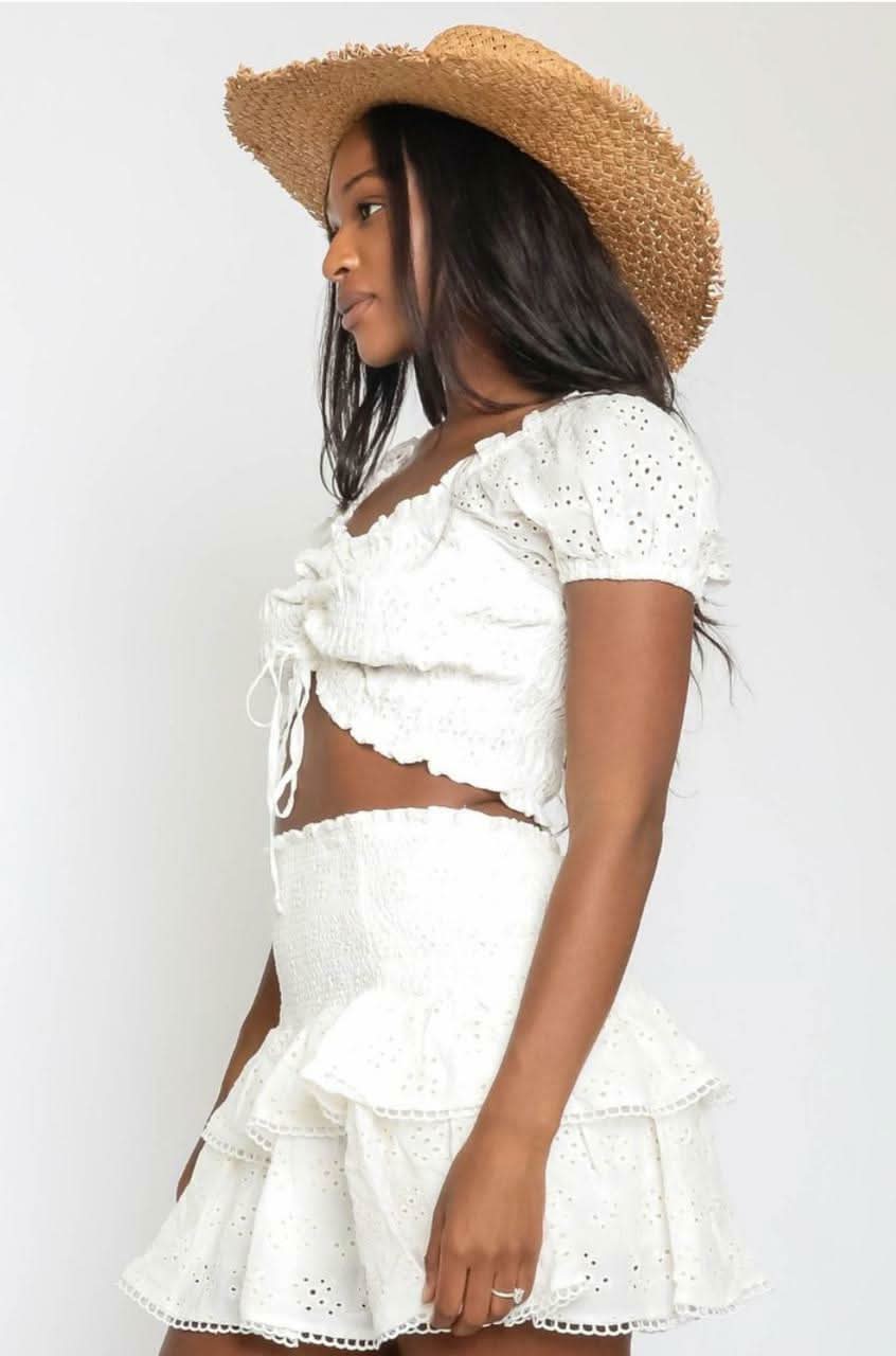 Daybreak White Eyelet Drawstring Crop Top