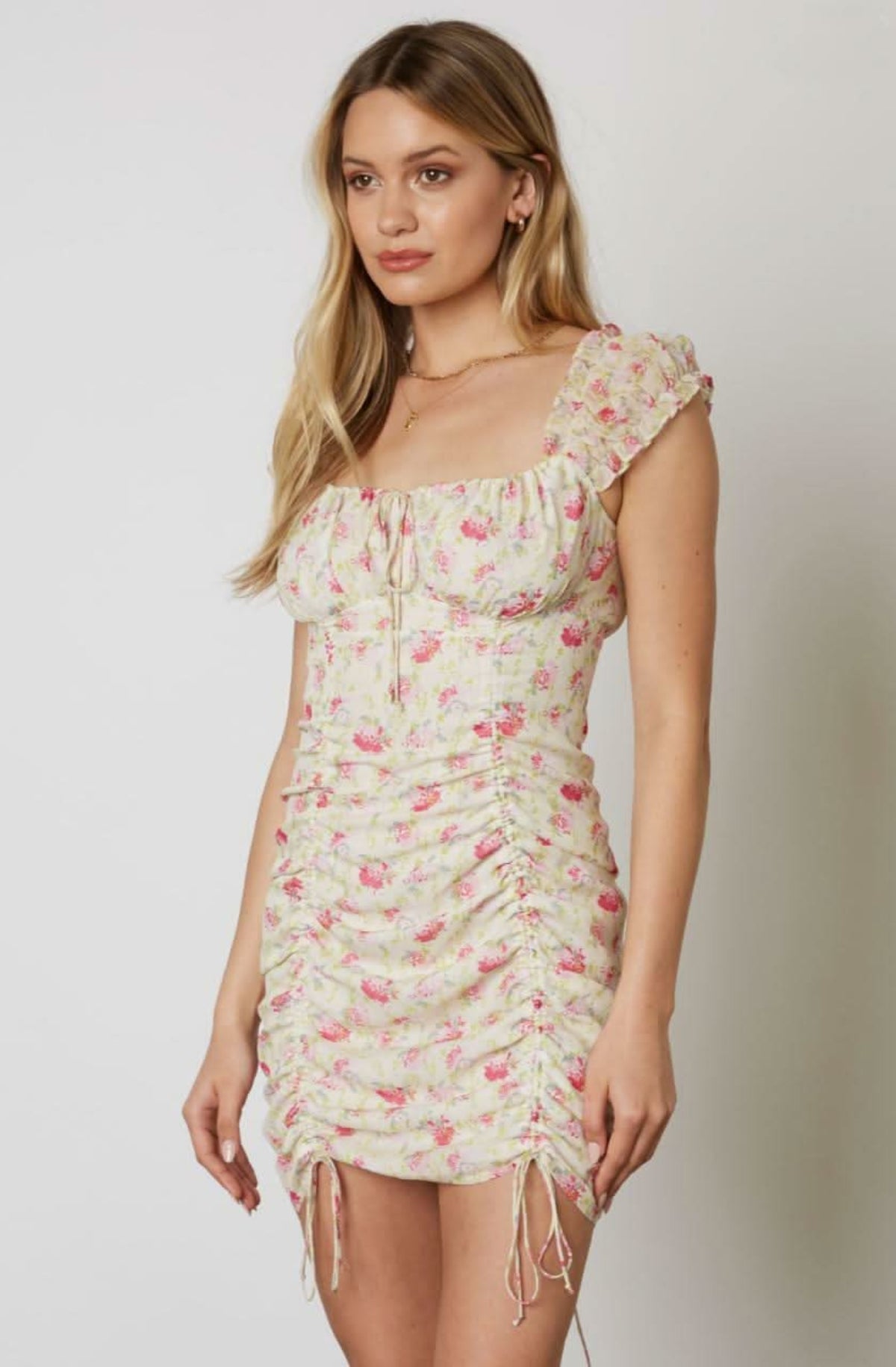 Early Spring Cream Floral Ruched Drawstring Bodycon Dress