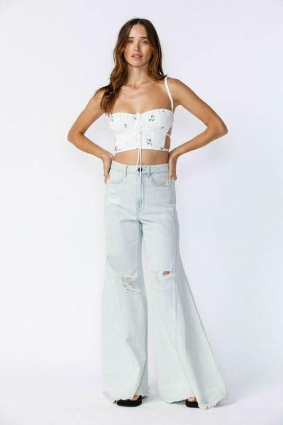 Fiona White and Blue Floral Backless Bustier Crop Top