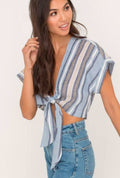 Electra Denim Stripe Print Tie-Front Crop Top