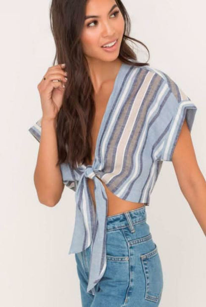 Electra Denim Stripe Print Tie-Front Crop Top