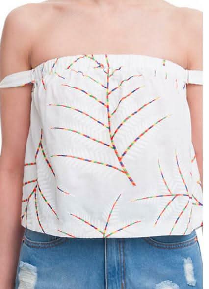 Palm Meadow White Off-Shoulder Tie Sleeve Top