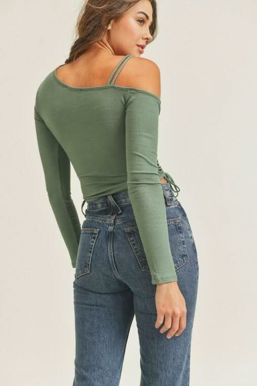 Lush Angie Olive One-Shoulder Ruched Crop Top