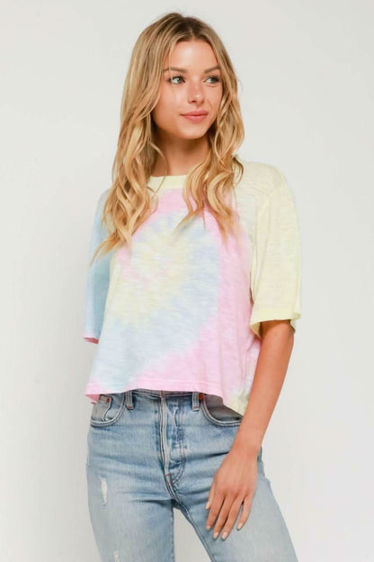 Groovy Vibes Girlfriend Pink and Blue Tie-Dye Cropped Tee