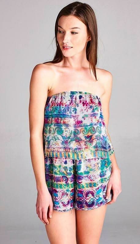 Escape Jewel Print Strapless Romper