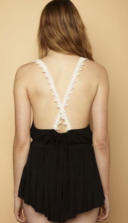 Peaches and Dream Black Crochet Trim Tank Top